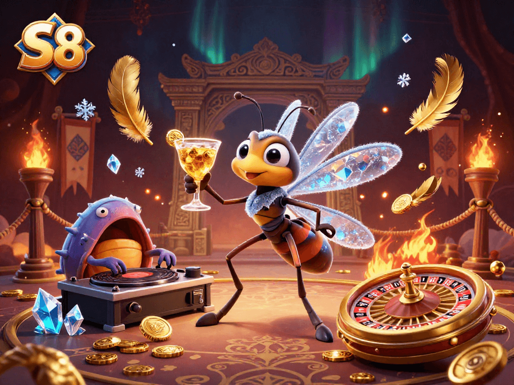 Experience S8's animated casino scene with vibrant characters and immersive gaming elements.