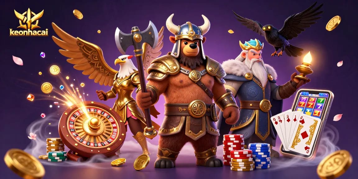 Engage in keonhacai betting with a vibrant scene of Viking characters, roulette, and shining casino elements.