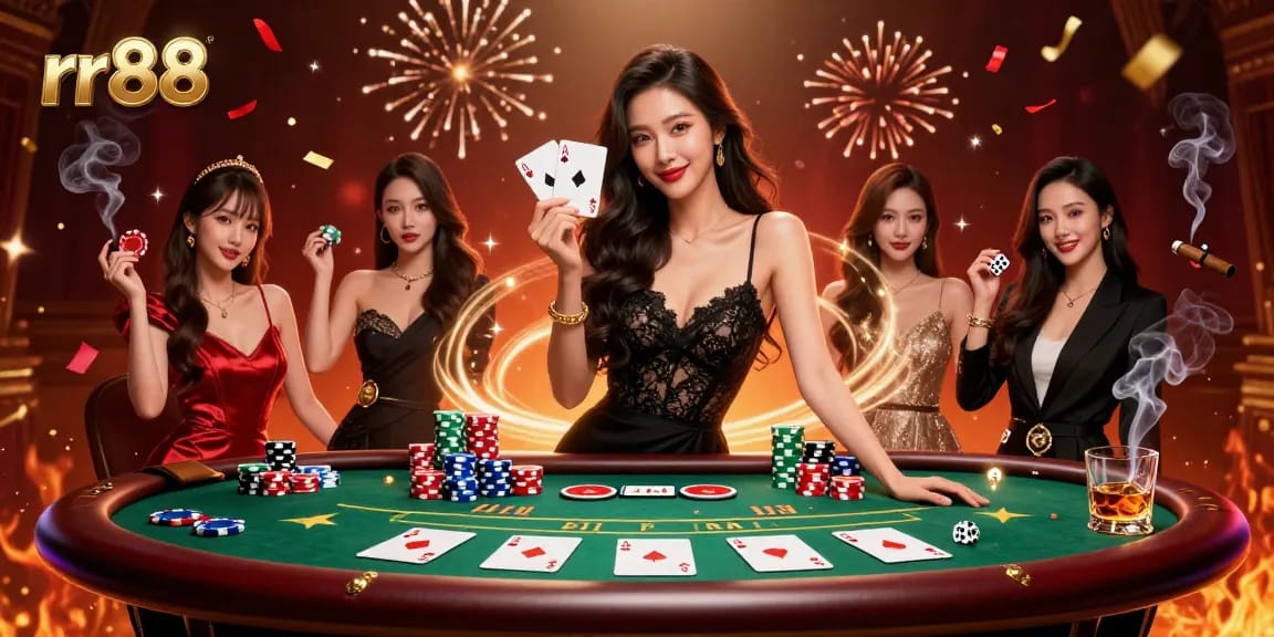 Experience thrilling gameplay with rr88 where elegant cards and vibrant poker chips create a captivating casino scene.