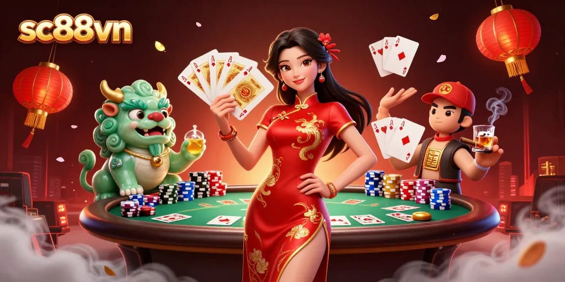 Engage in casino adventures with sc88vn's vibrant illustration of a 3D woman in crimson qipao.