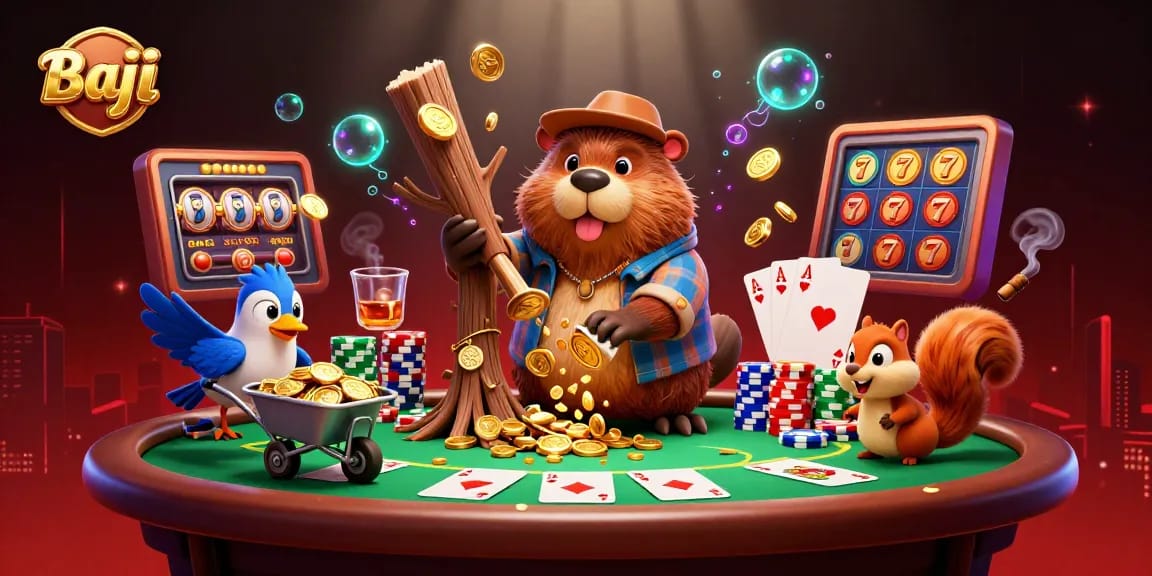 Engage with Baji's thrilling games in this vibrant casino-themed illustration featuring animated characters.