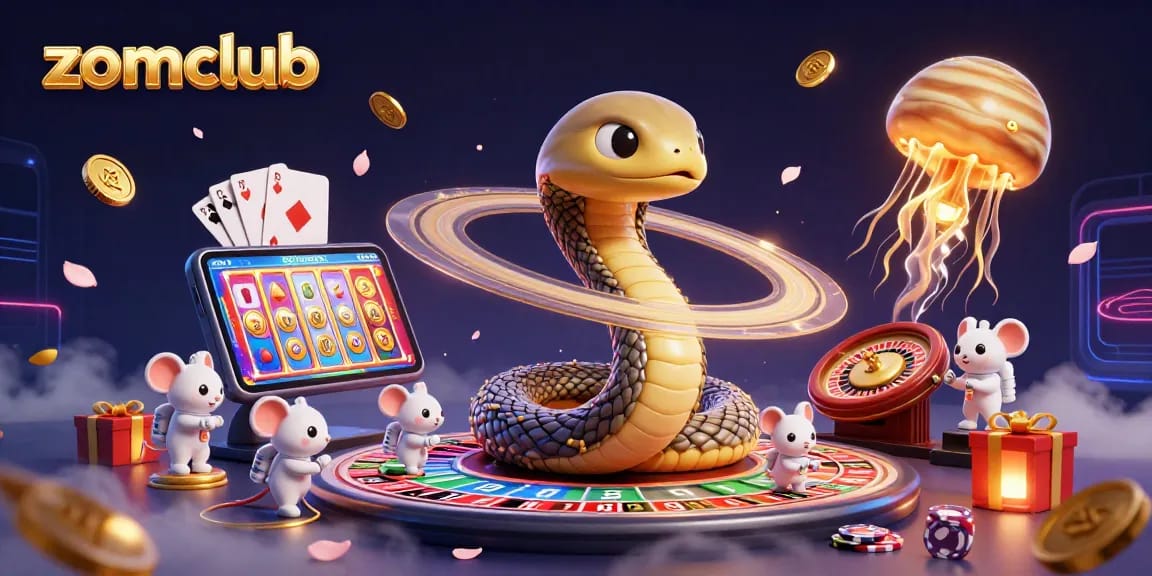 Zomclub's thrilling gaming experience brought to life with a cosmic dealer and vibrant rewards.