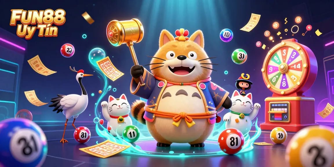Experience fun gameplay at FUN88 Uy Tín with cheerful characters amid colorful lottery elements.
