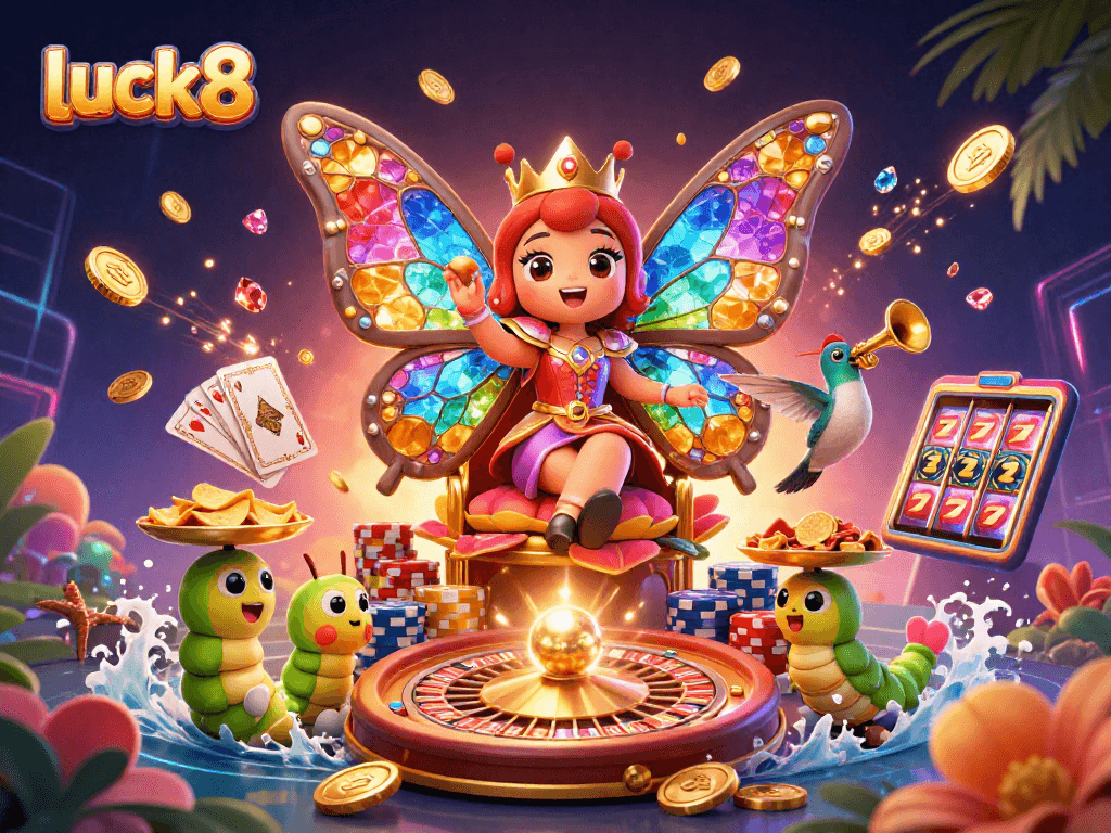 Experience luck8 with an energetic scene of casino gaming featuring vibrant characters and dynamic elements.