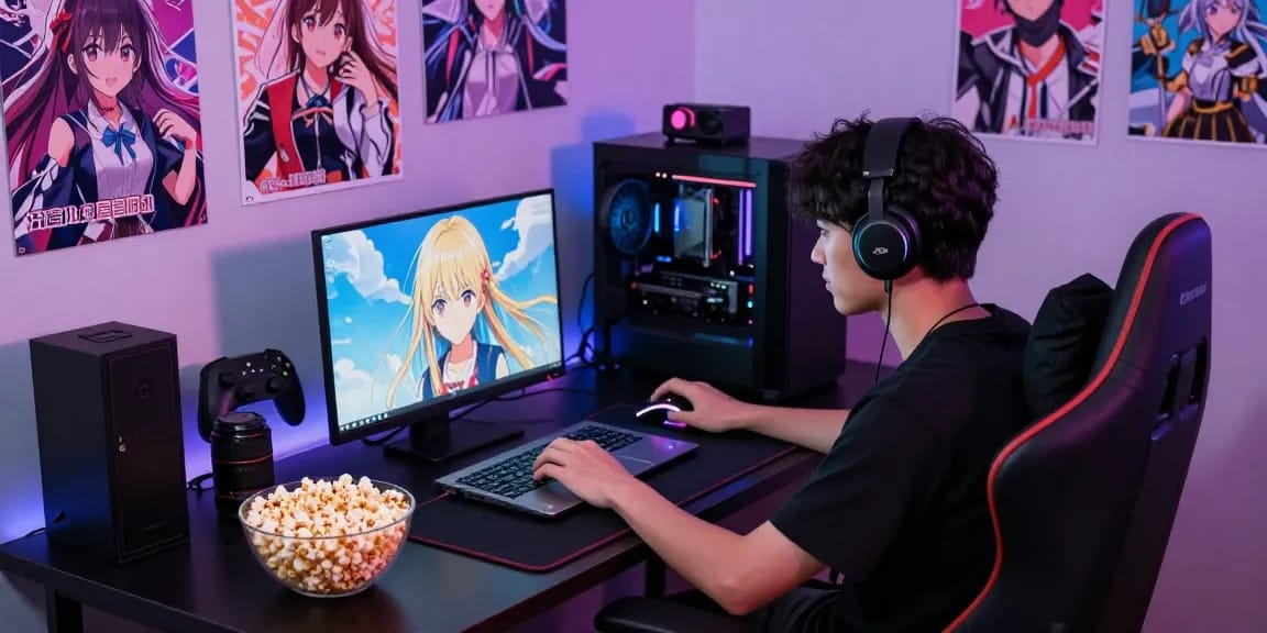 Player enjoying a hentaigame in a vibrant gaming room filled with visual novel posters and gaming gadgets.