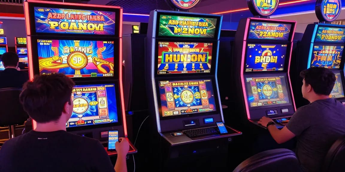 Exciting gaming atmosphere on azarlatino-enlinea-paraguay.com featuring users engaging with vibrant slot machines.