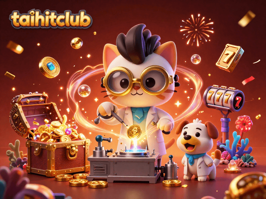 Experience the excitement of taihitclub with a 3D scene of a mad scientist cat and dog amidst slot machines and treasure.