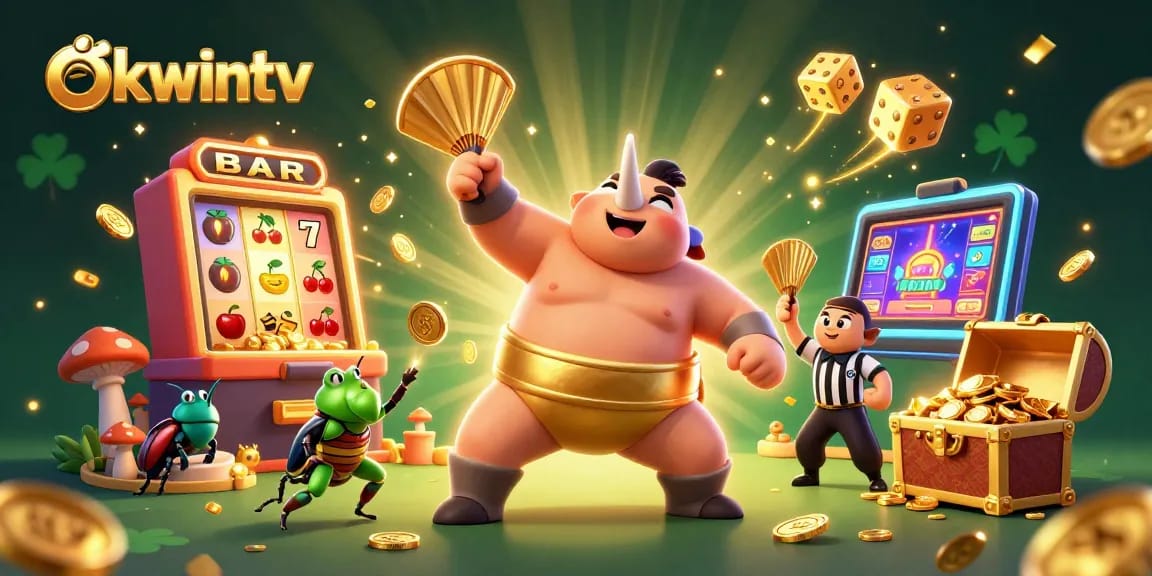 Experience thrilling wins with okwintv in a vibrant 3D casino scene bursting with excitement.