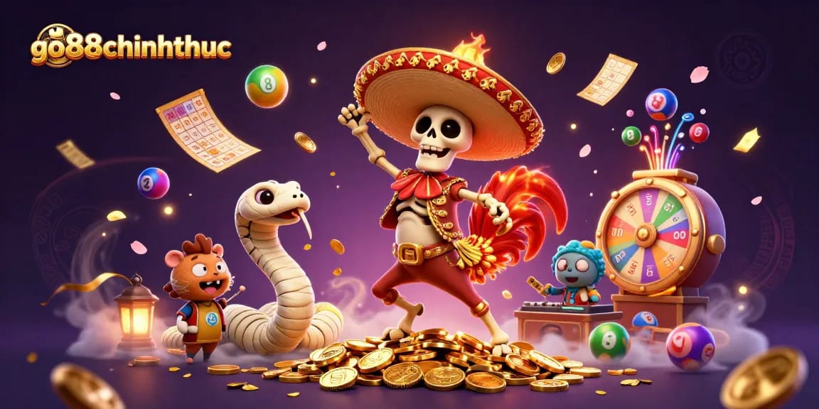 Experience the excitement of go88chinhthuc with a lively 3D illustration of a mariachi rooster, mummy snake, and DJ hamster in a vibrant casino scene.