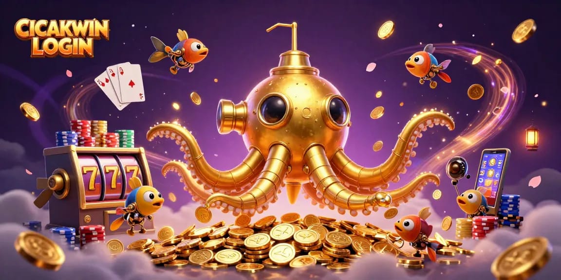 CICAKWIN LOGIN showcases thrilling gameplay with golden slot machine action and vibrant casino elements.