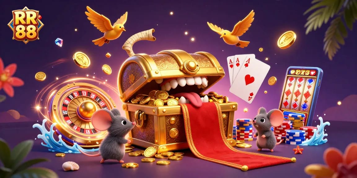 Engage with RR 88's thrilling online casino experience, featuring dynamic treasure elements and spinning roulette.