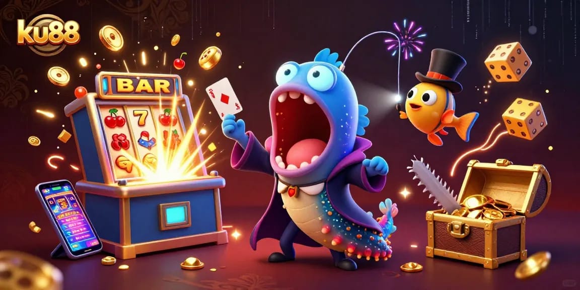 Engage with ku88's vibrant casino gaming scene featuring animated deep-sea characters and jackpot excitement.