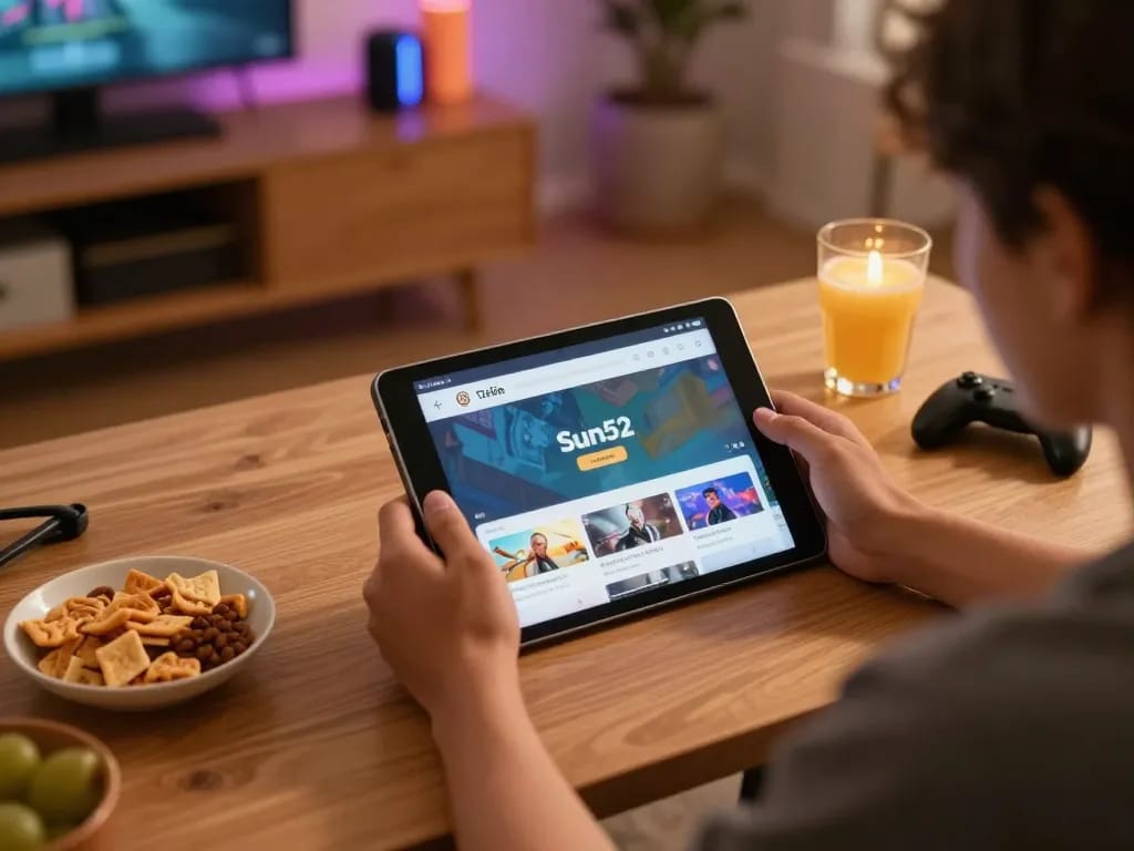 Tải Sun52 app displayed on tablet with player enjoying a cozy home gaming session.