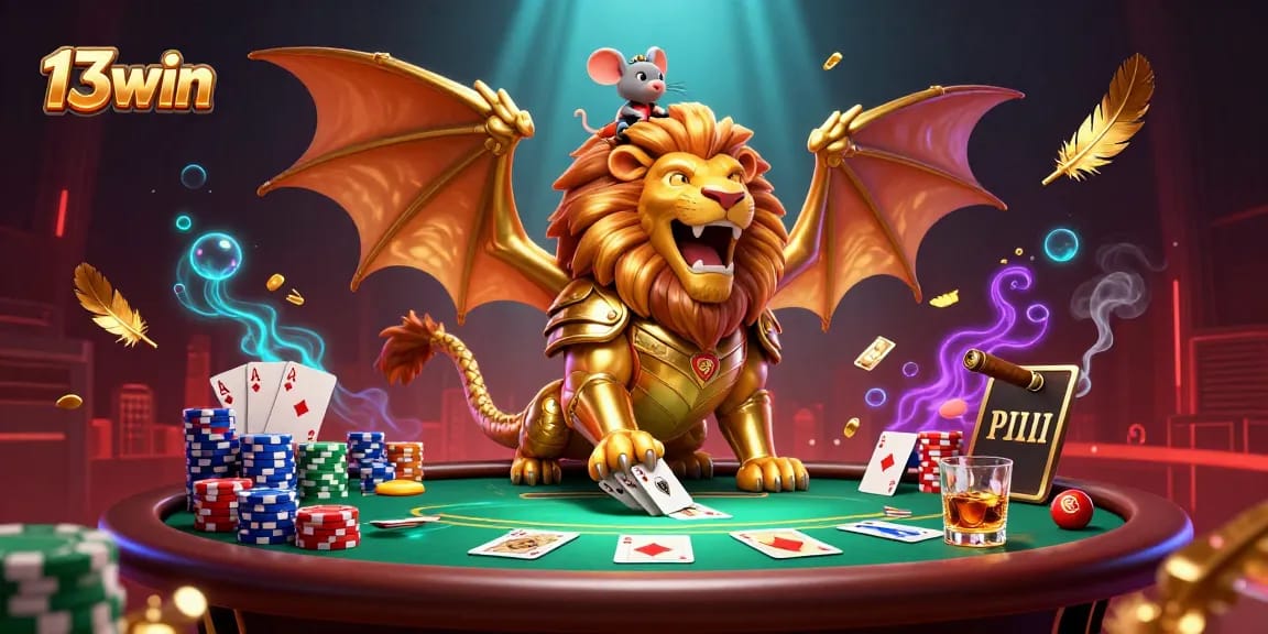 Gamblers celebrating with the 13win chimera creature at an elaborate poker table.
