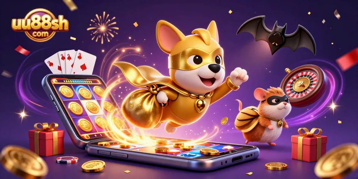 Engage in exciting gameplay at uu88sh com with a superhero dog flying through a vibrant casino scene.
