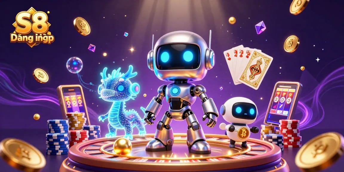 Engage in S8 Đăng nhập with a vibrant 3D illustration depicting a cyberpunk robot and dynamic casino elements.