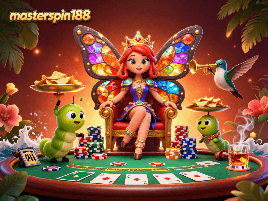 Experience vibrant gaming at masterspin188 with a colorful 3D casino scene filled with poker elements.