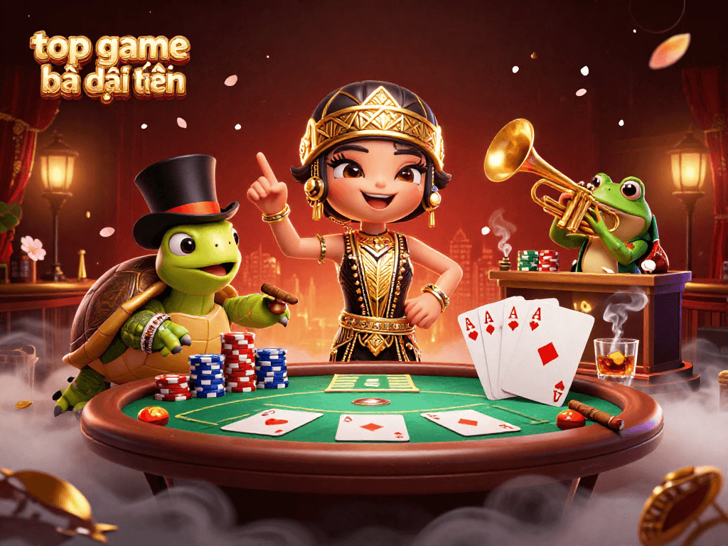 Engage with top game bài đổi thưởng in a vibrant 3D casino scene featuring playful characters and dynamic elements.