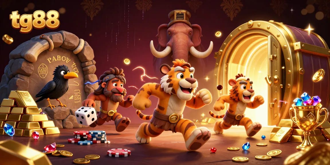 Tg88 reveals a thrilling prehistoric casino scene with caveman duo and treasures galore.