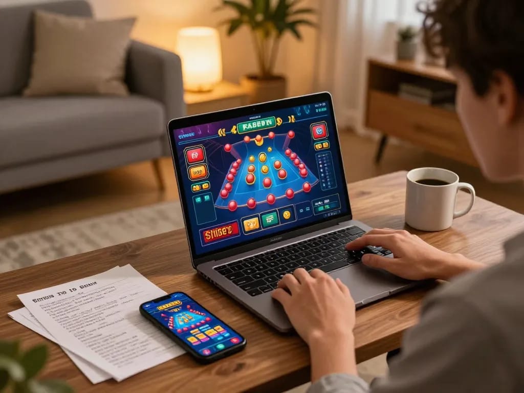 Player enjoying SHBET's online casino games on a cozy home setup, showcasing strategic gameplay.