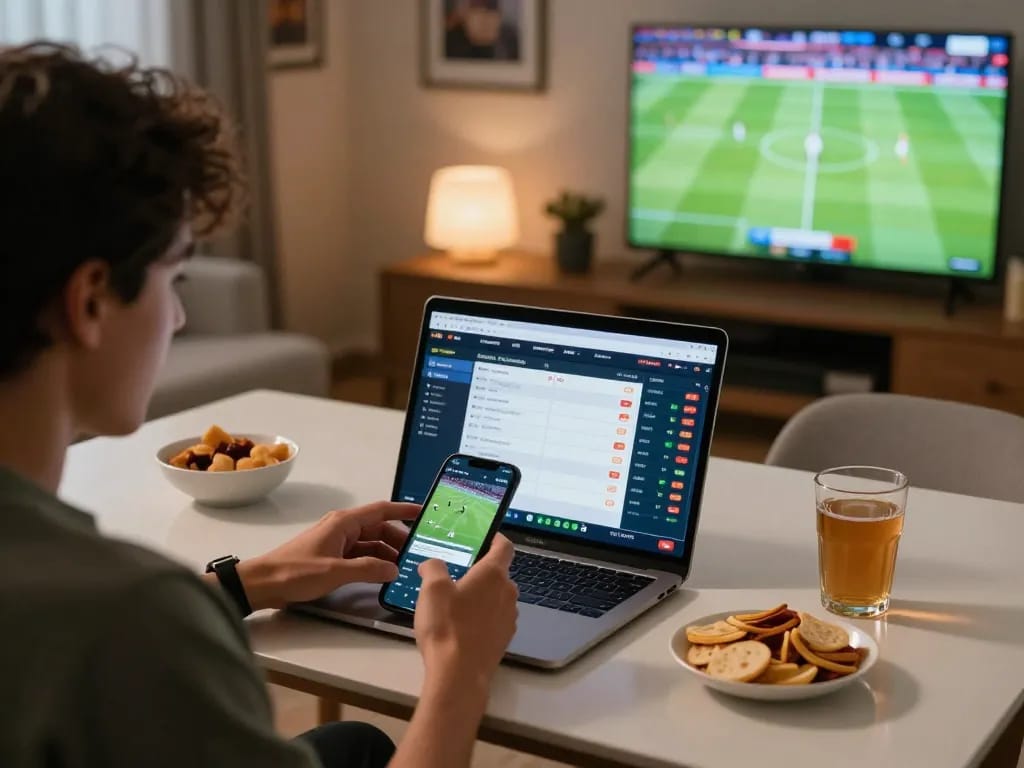 Bóng đá Bet168 sports betting scene with active player checking scores on smartphone.