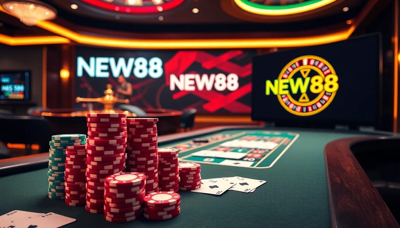 Experience high-stakes excitement at NEW88 with vibrant poker chips and a spinning roulette wheel.