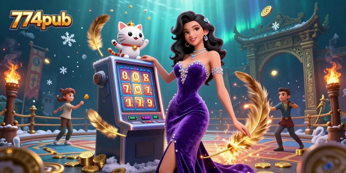Engage with the thrilling 774pub experience, featuring an elegant woman, slot machine jackpot, and fortune cat.