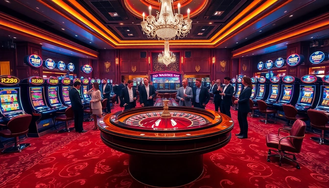 Experience the thrill of betting at RR88 through engaging casino visuals featuring roulette and slot machines.