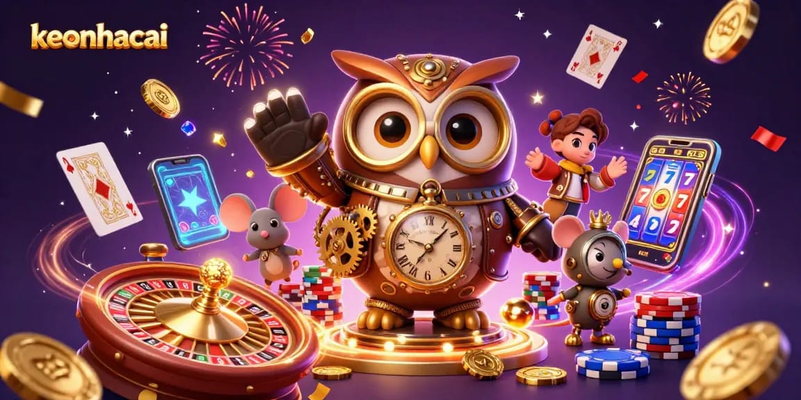 Bet on keonhacai with the time-traveler owl amidst stunning casino elements in a vibrant celebration.