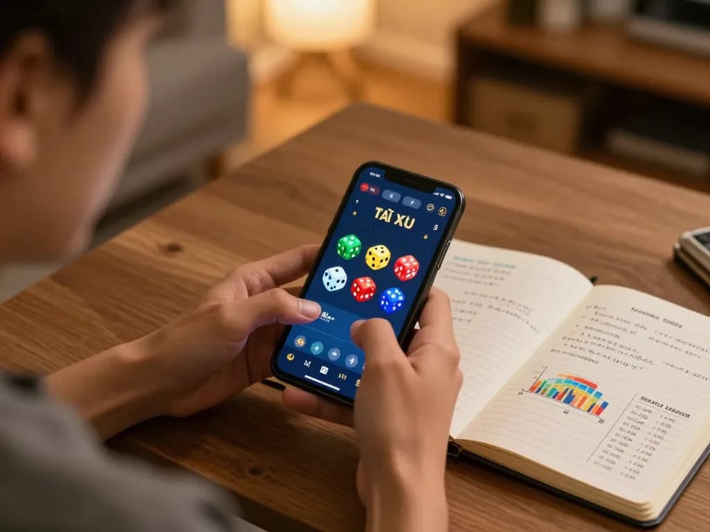 Player engaging with the Tài Xỉu app on a smartphone, showcasing strategic gambling notes.