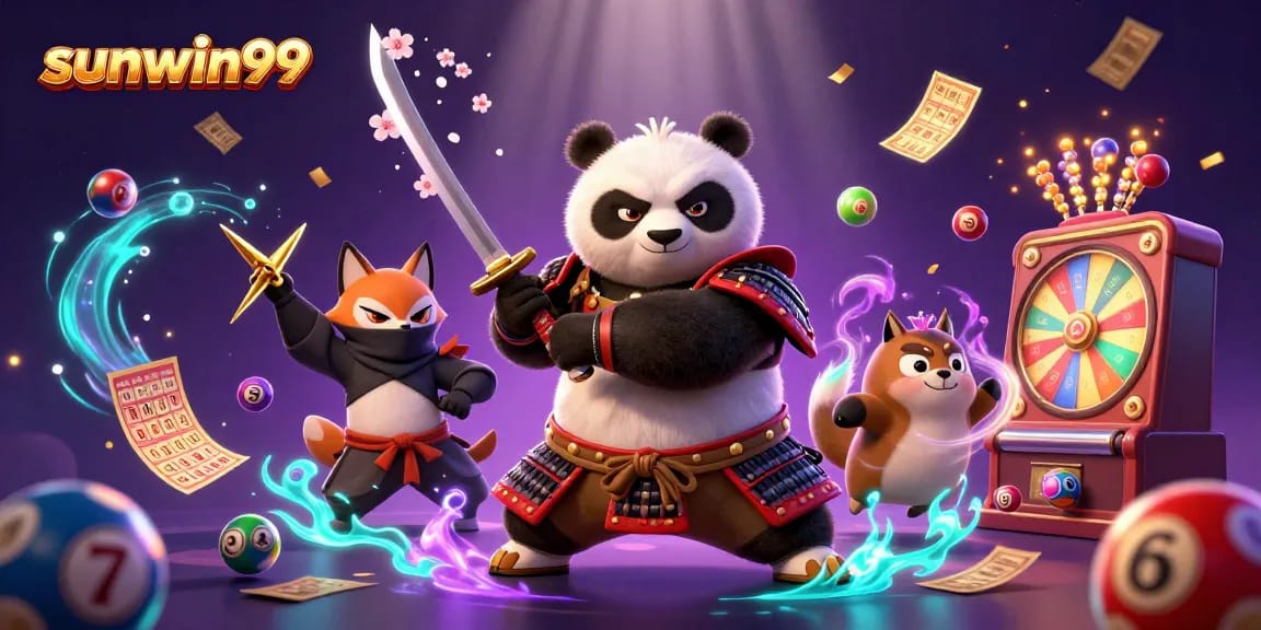 Win big with sunwin99 in this vibrant 3D illustration featuring a samurai panda and more.