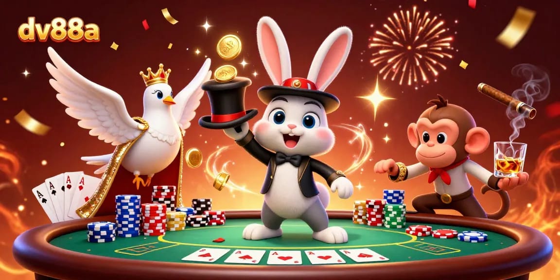 dv88a showcases an enchanting scene with cartoon magician rabbit pulling gold coins and playful elements at a casino.