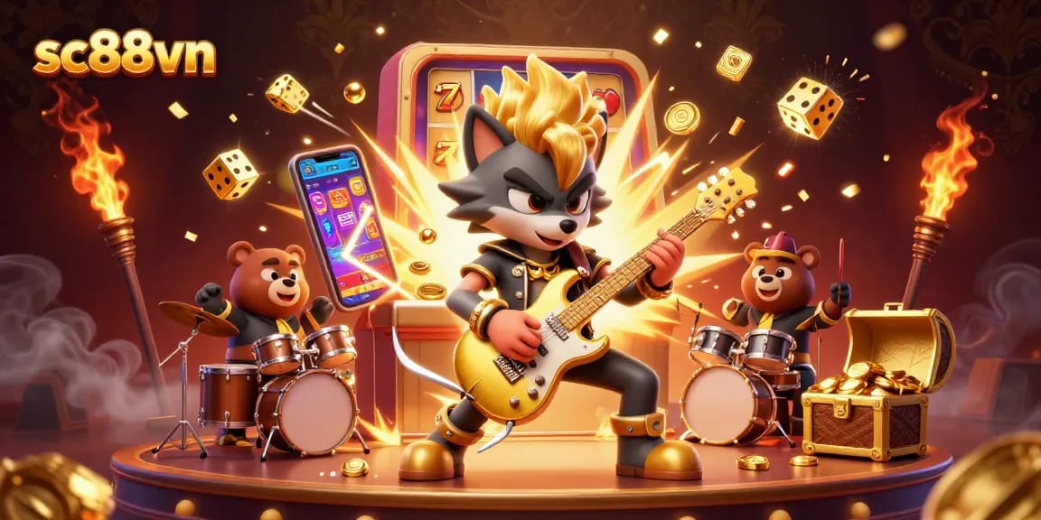 Experience thrilling gambling action with sc88vn showcasing a rock star wolf shredding guitar amidst dynamic casino elements.
