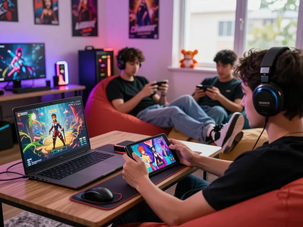 Gamers enjoying various hentai games on different devices in a vibrant gaming setting.