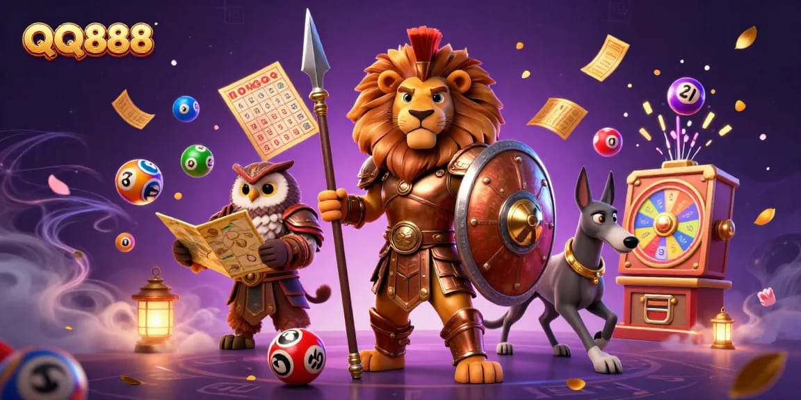 Engage with QQ888’s vibrant gaming universe showcasing a Spartan lion, owl strategist, and greyhound messenger amidst lottery excitement.