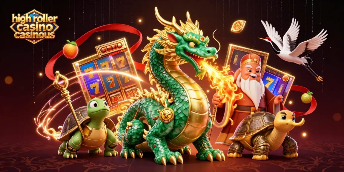 Engage with the high roller casino casinous featuring a jade dragon and lucky cranes amidst dynamic slot gaming elements.