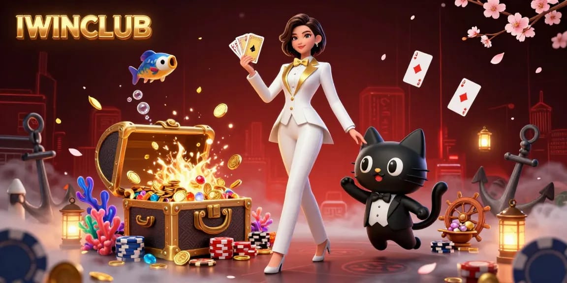 IWINCLUB players enjoy a winning experience with a glamorous woman and cat in a casino scene full of excitement.