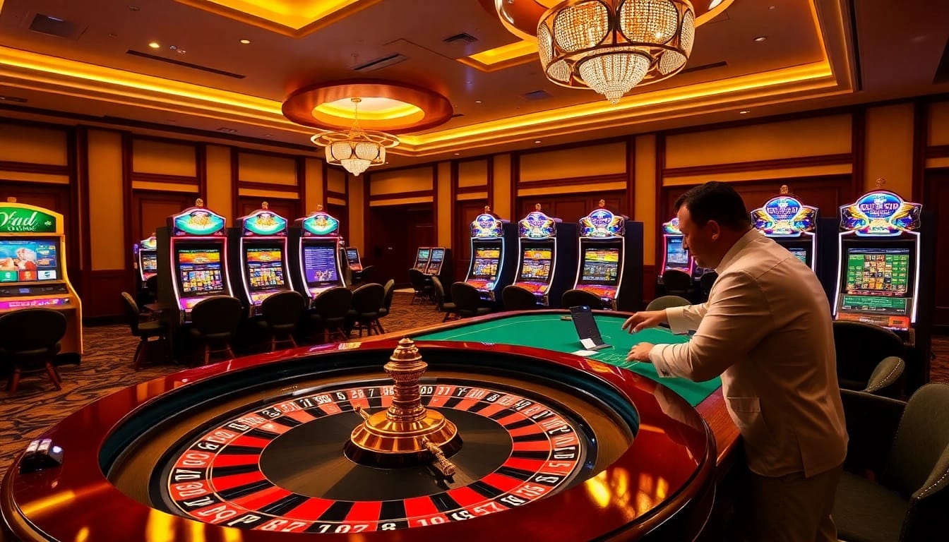 Experience excitement at 68VIP.COM with an elegant casino setting featuring roulette, slots, and betting.