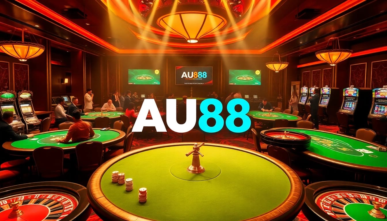 Experience high-stakes action with AU88 at an upscale casino featuring poker and roulette.