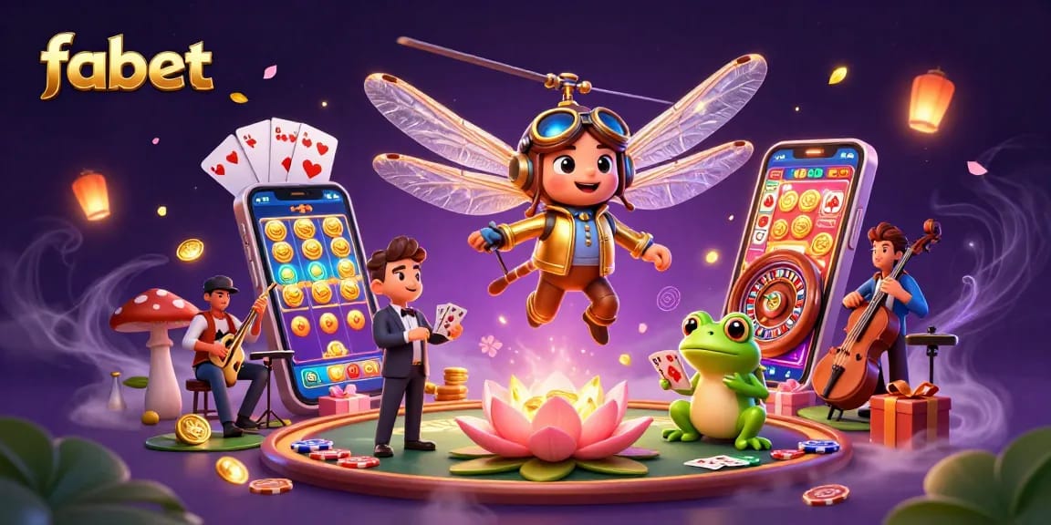 Experience thrilling gameplay at fabet with a dragonfly pilot and a frog croupier amidst dynamic casino elements.