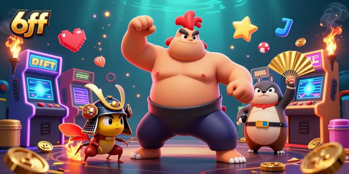 Experience the thrill of gaming with 6ff's sumo rooster and samurai cricket in this vibrant casino illustration.