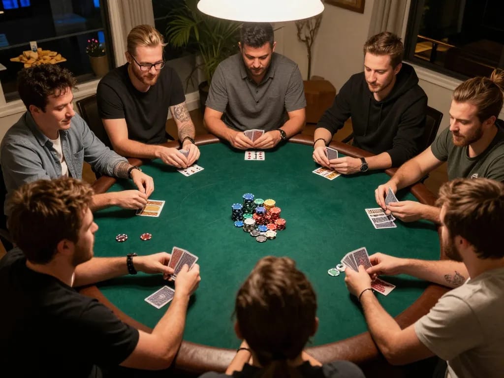 Friends enjoying a poker night at home with MM 88, showcasing cards and chips in a social gaming atmosphere