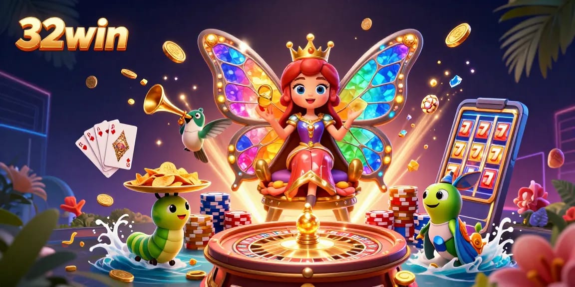 Experience vibrant gaming action with 32win's 3D casino illustration featuring captivating characters and rich casino elements.