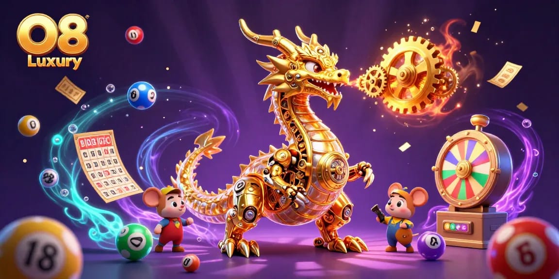 Engage with O8 Luxury's immersive gaming experience featuring dynamic lottery elements and a biomechanical dragon.