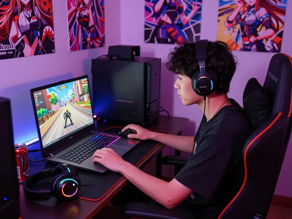 Gamer engaging with a thrilling hentai game on a vibrant gaming laptop, surrounded by energetic atmosphere and accessories.