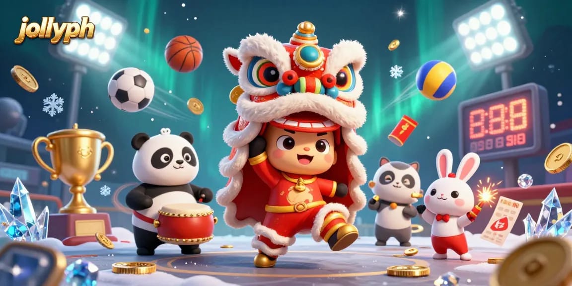 Engage in exciting jollyph betting as dynamic characters perform amid sports elements and vibrant graphics.
