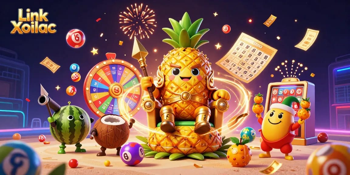 Experience exciting wins at Link Xoilac with the vibrant casino scene featuring colorful lottery balls and engaging characters.