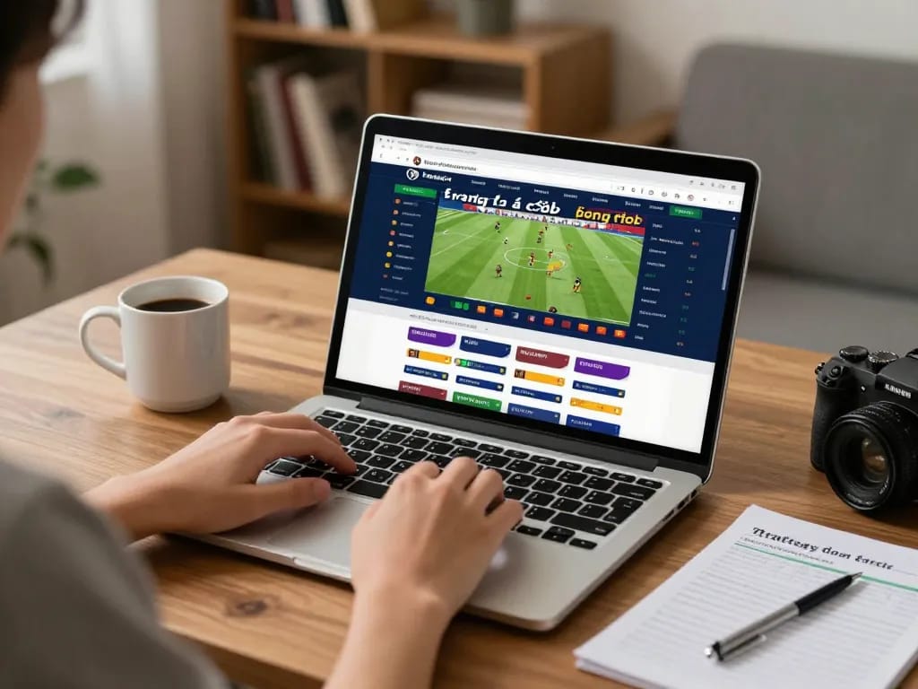 Engaging in trang cá cược bóng đá while analyzing betting strategies at home with a laptop.