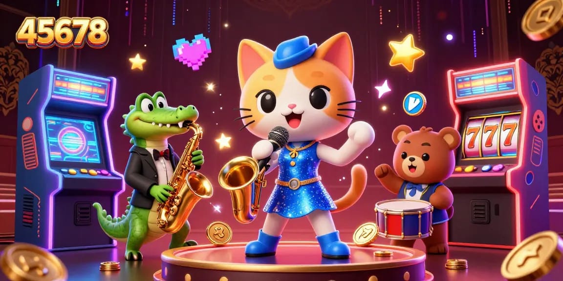 Experience the vibrant world of 45678 with lively characters amid a dazzling casino backdrop.