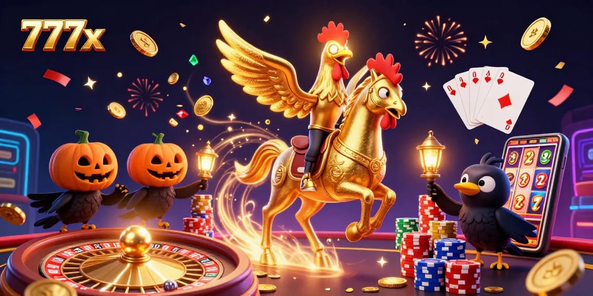 Spin and win with 777x in this vibrant casino scene featuring golden riches and 3D characters.